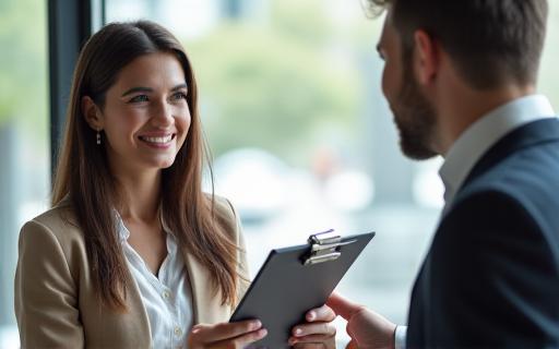 A friendly consultant with a clipboard speaking to a client.