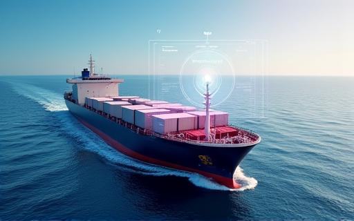 A cargo ship on the ocean with a tracking icon overlay.