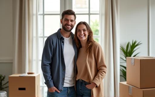 A happy couple standing in their new, unpacked living room.