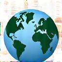 Stylized globe with shipping container routes.